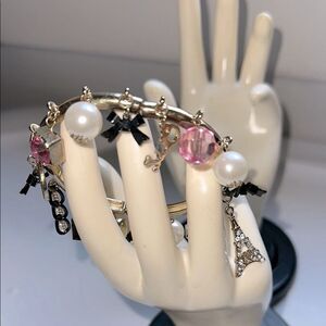 French Themed Pink and Gold Tone Stretch Charm Bracelet